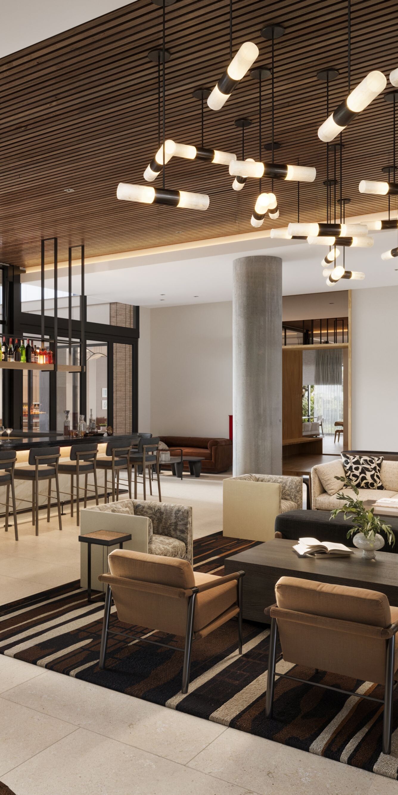 Modern lounge with bar and seating area