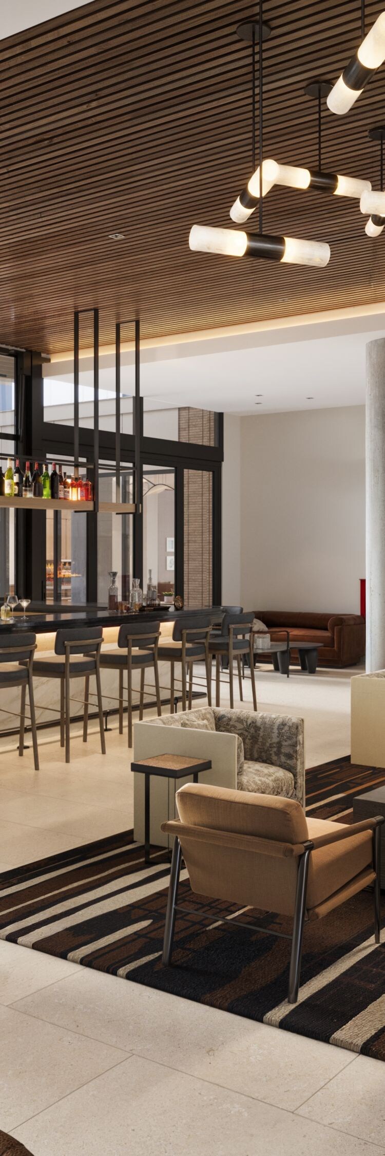 Modern lounge with bar and seating area