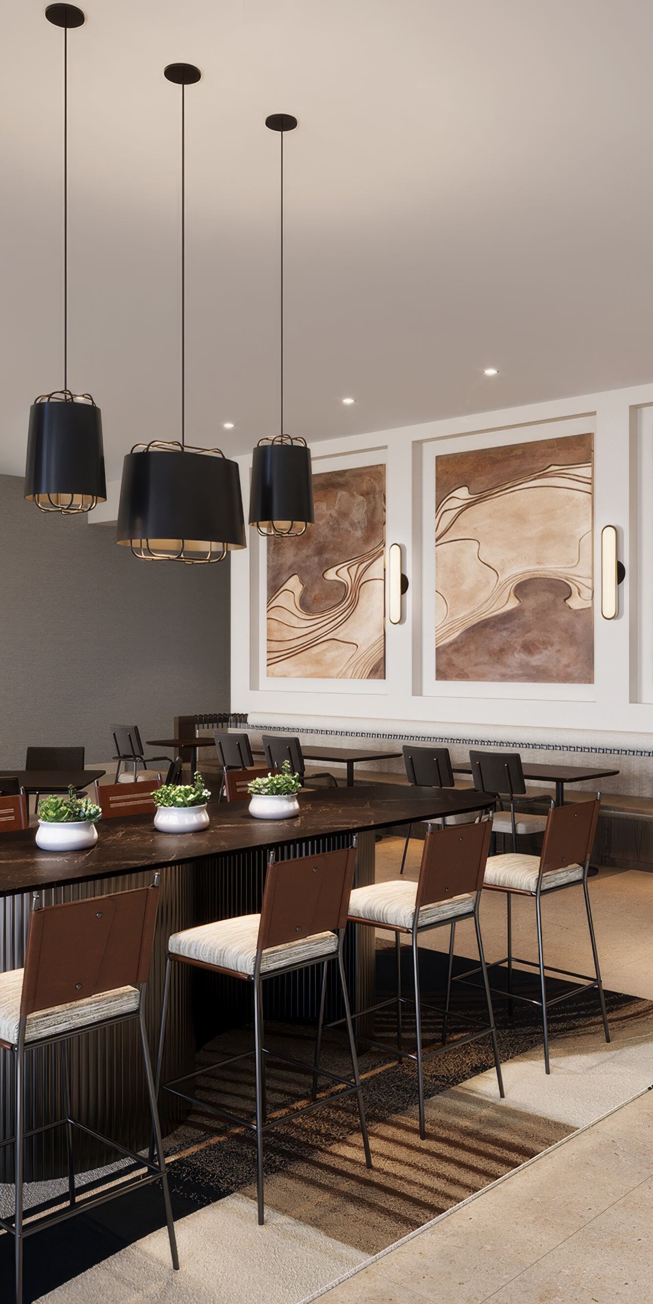 Modern restaurant with marble and seating