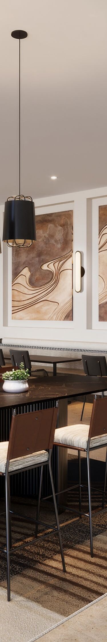 Modern restaurant with marble and seating