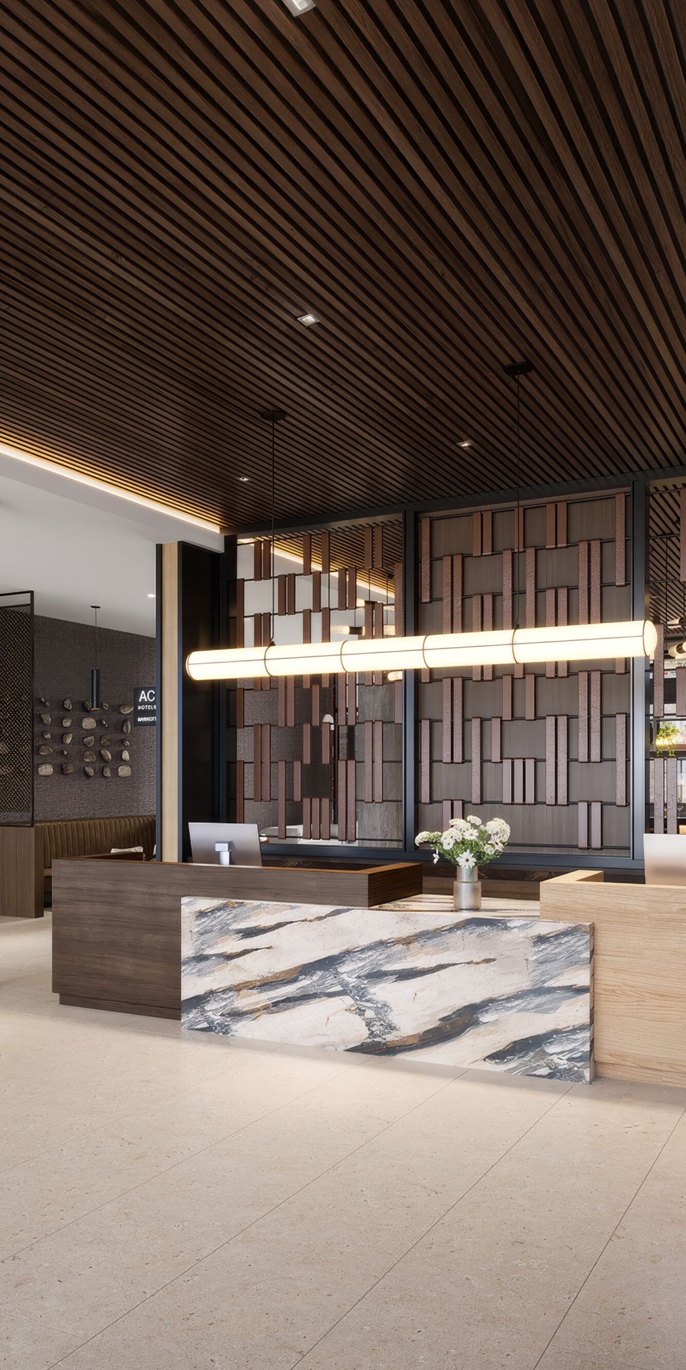 Lobby with marble desk and wood ceiling