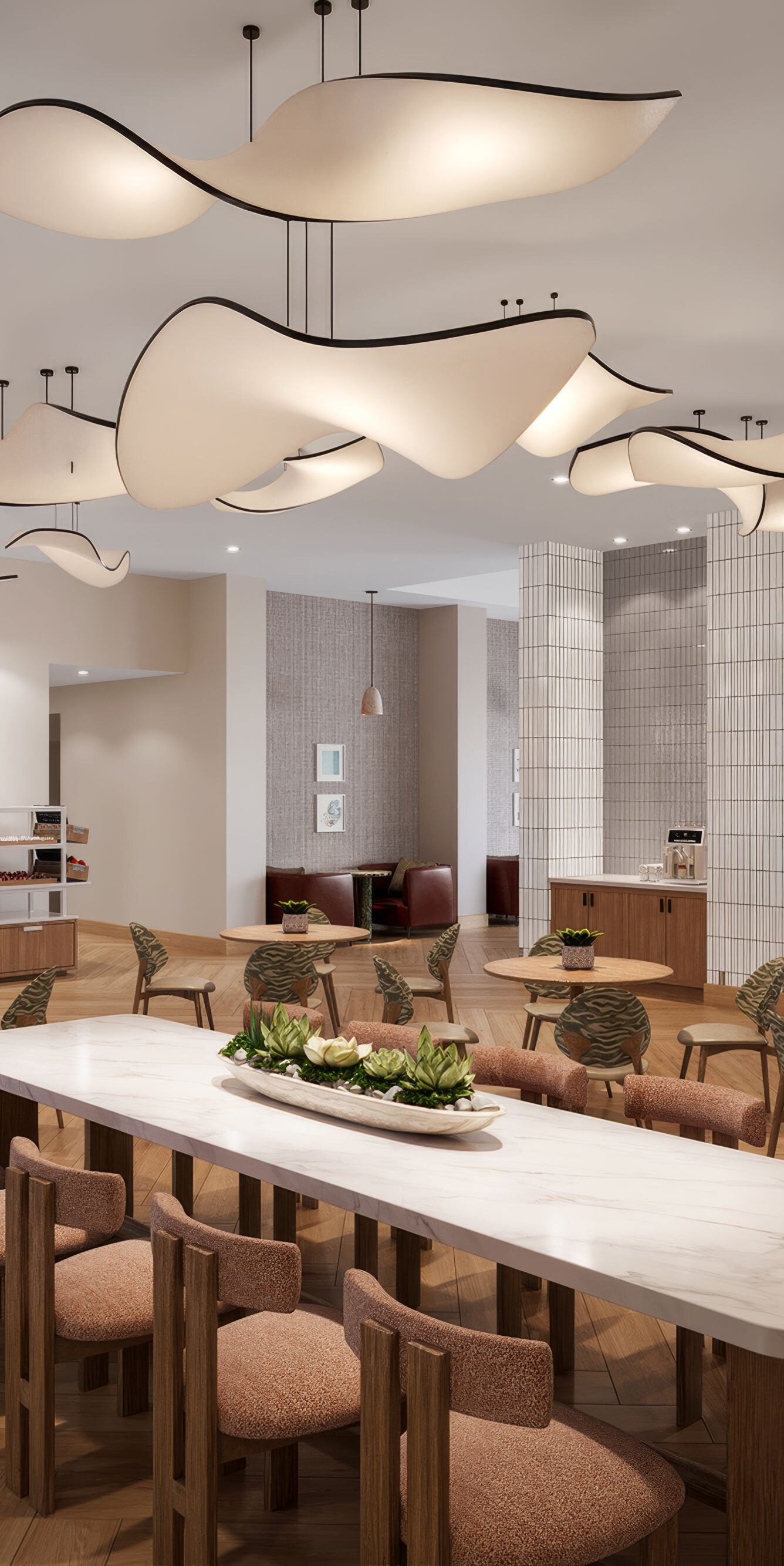 Dining area with sculptural lighting
