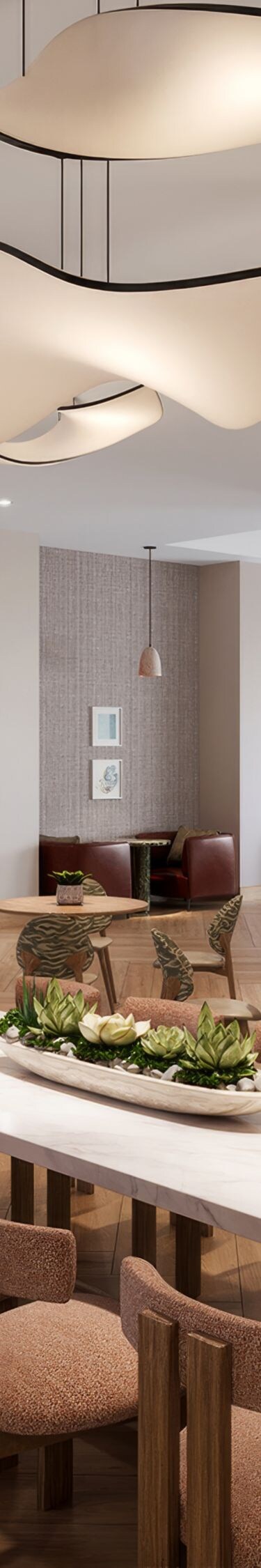 Dining area with sculptural lighting