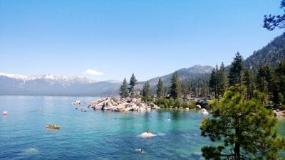 Large body of water with people kayaking 