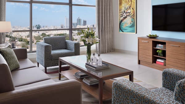 stylish living area with city view