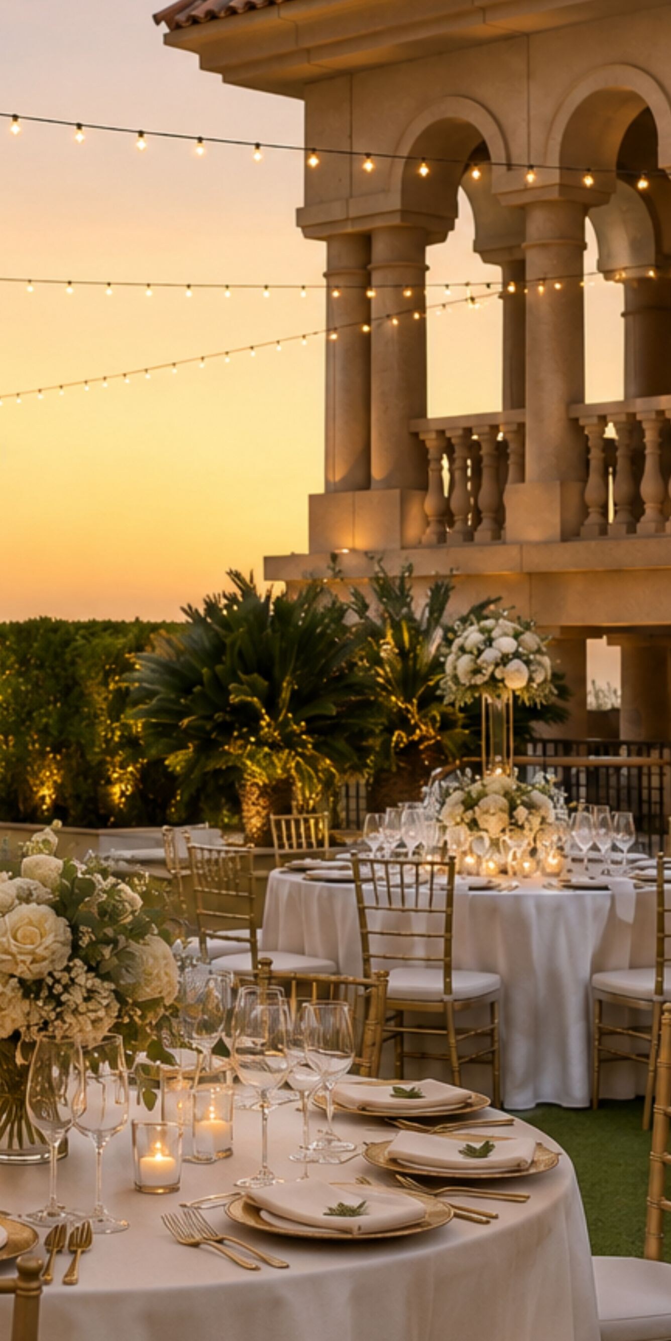 Outdoor wedding reception with floral tablescapes