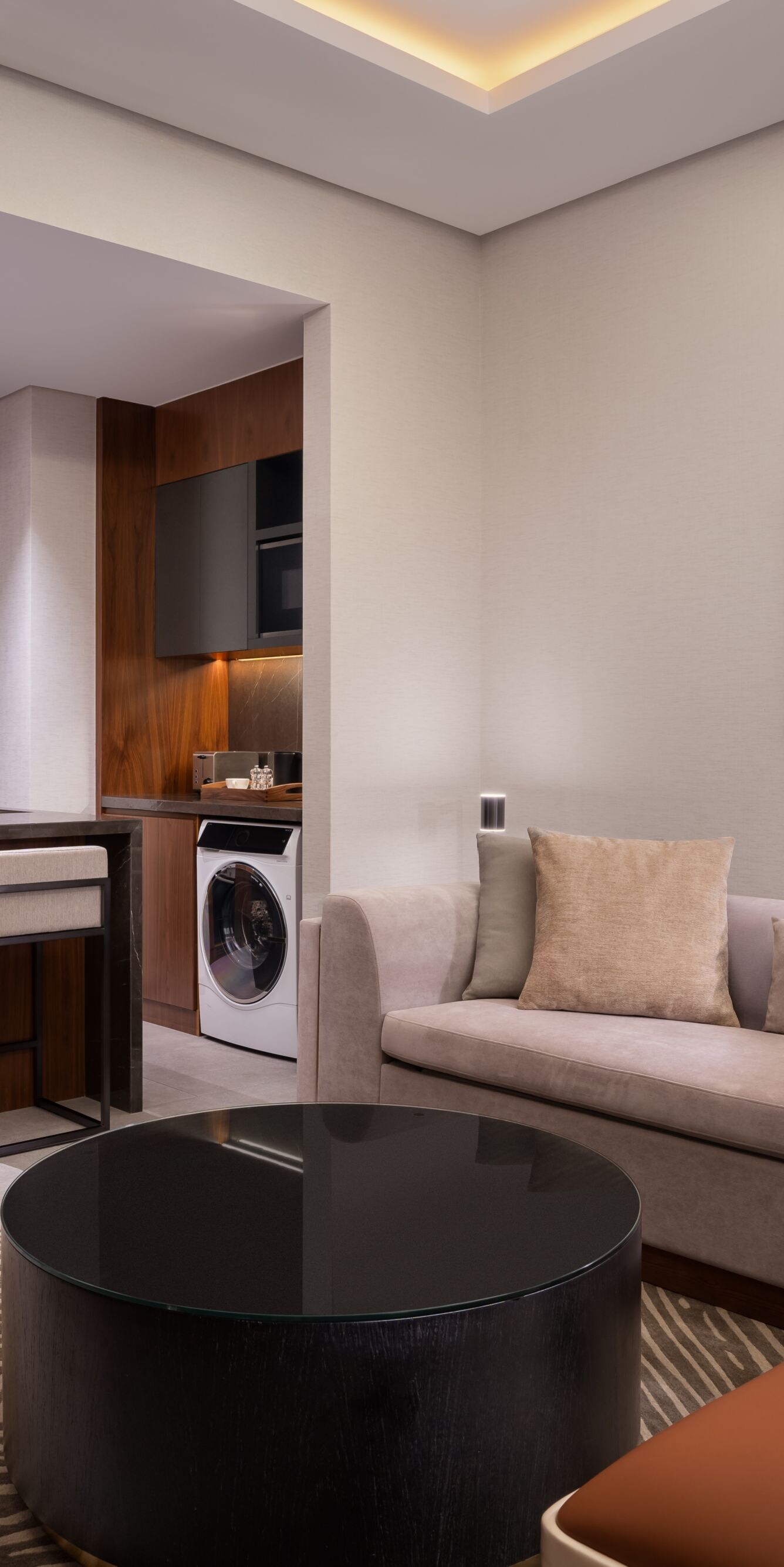 Suite living area with kitchen and sofa