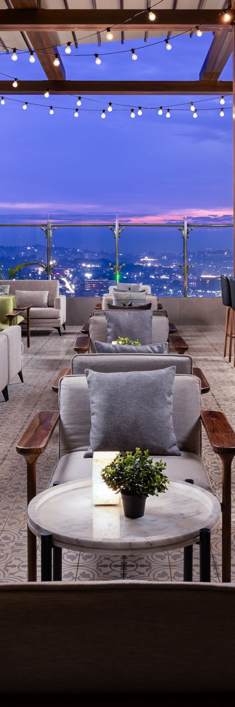 Rooftop bar with city views and seating