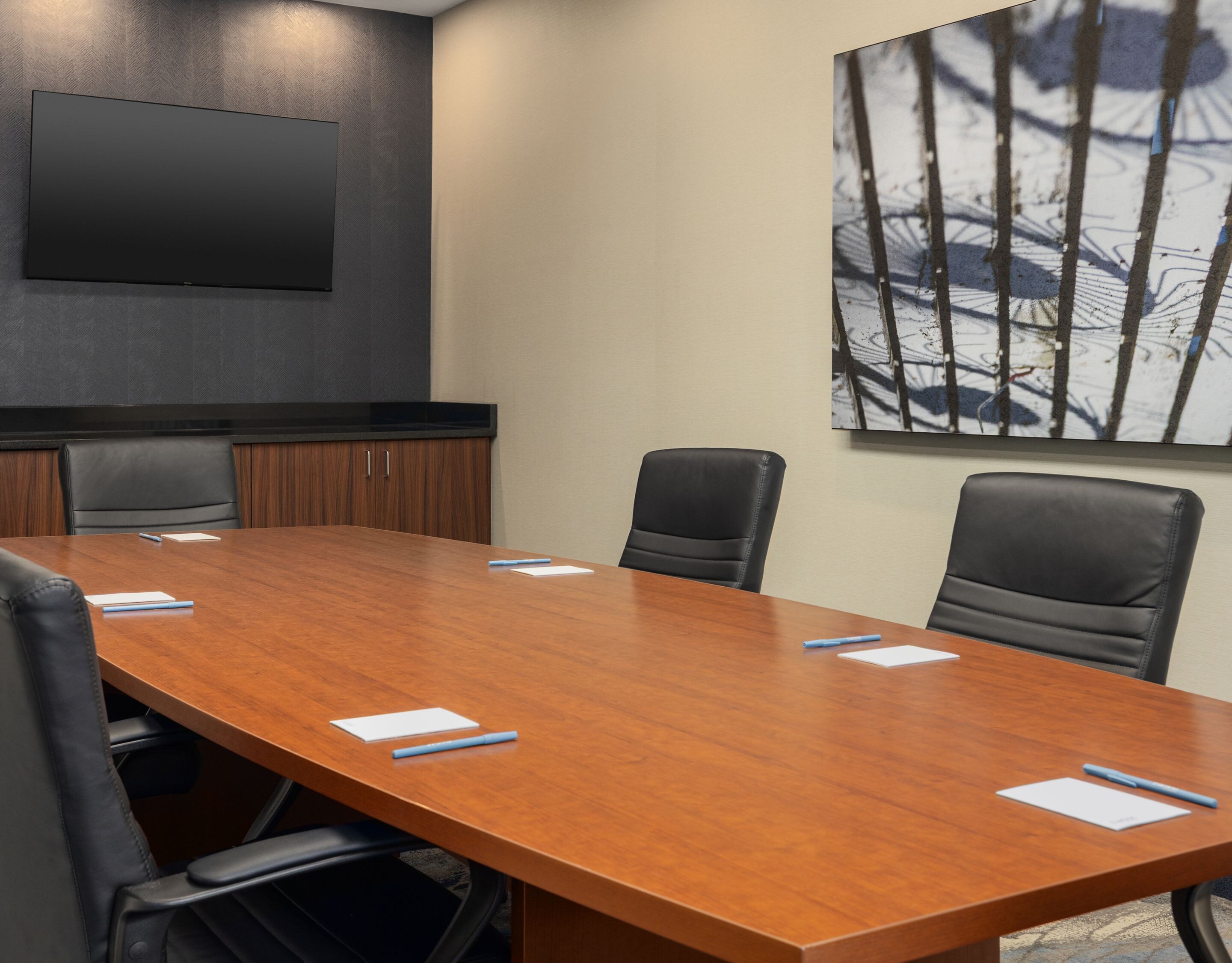 Boardroom with table, chairs, and wall TV