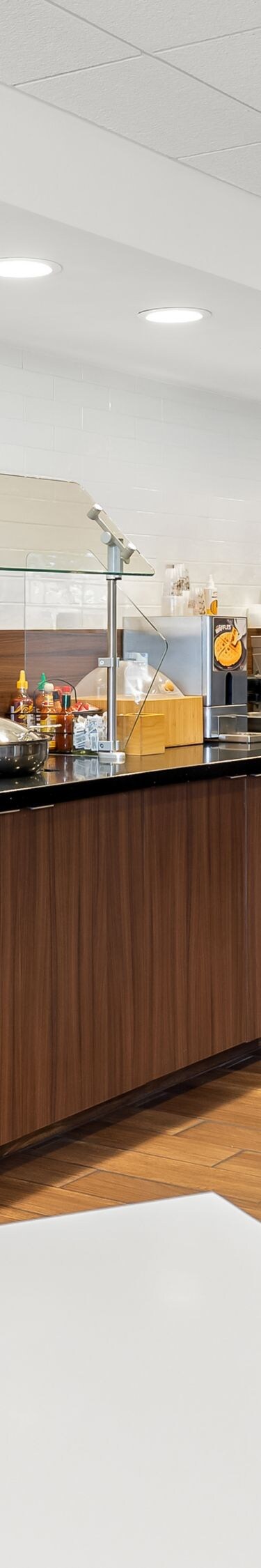 Breakfast buffet counter and seating