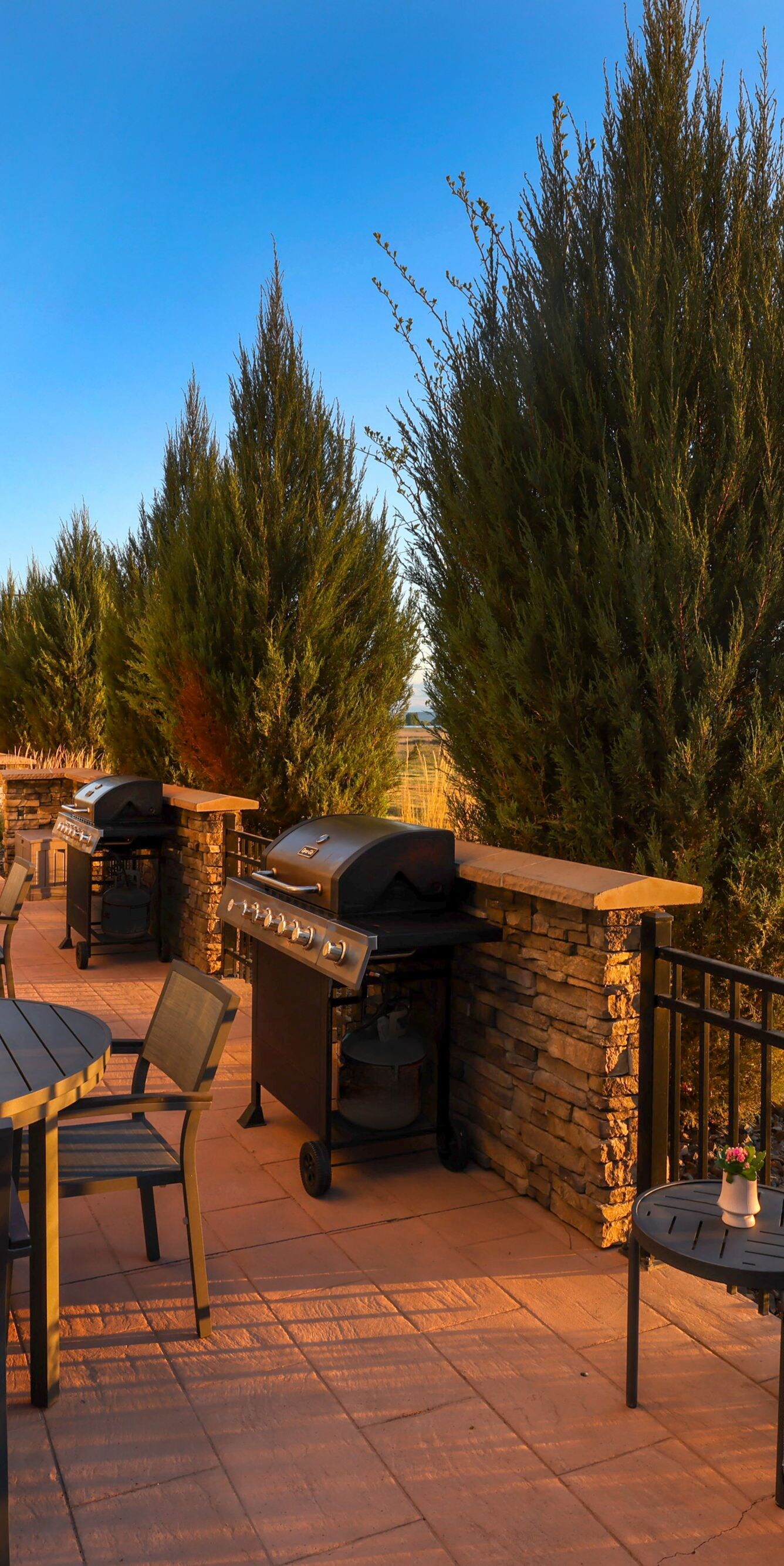 Outdoor patio with barbecue grills and seating.