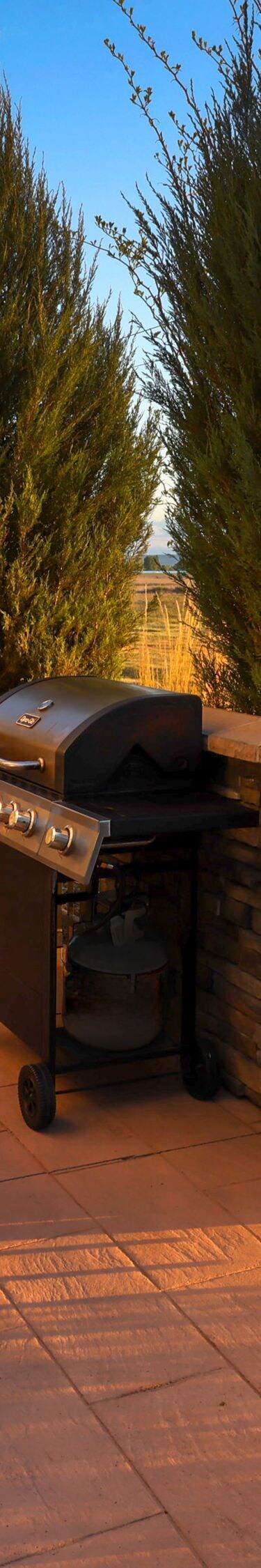Outdoor patio with barbecue grills and seating.