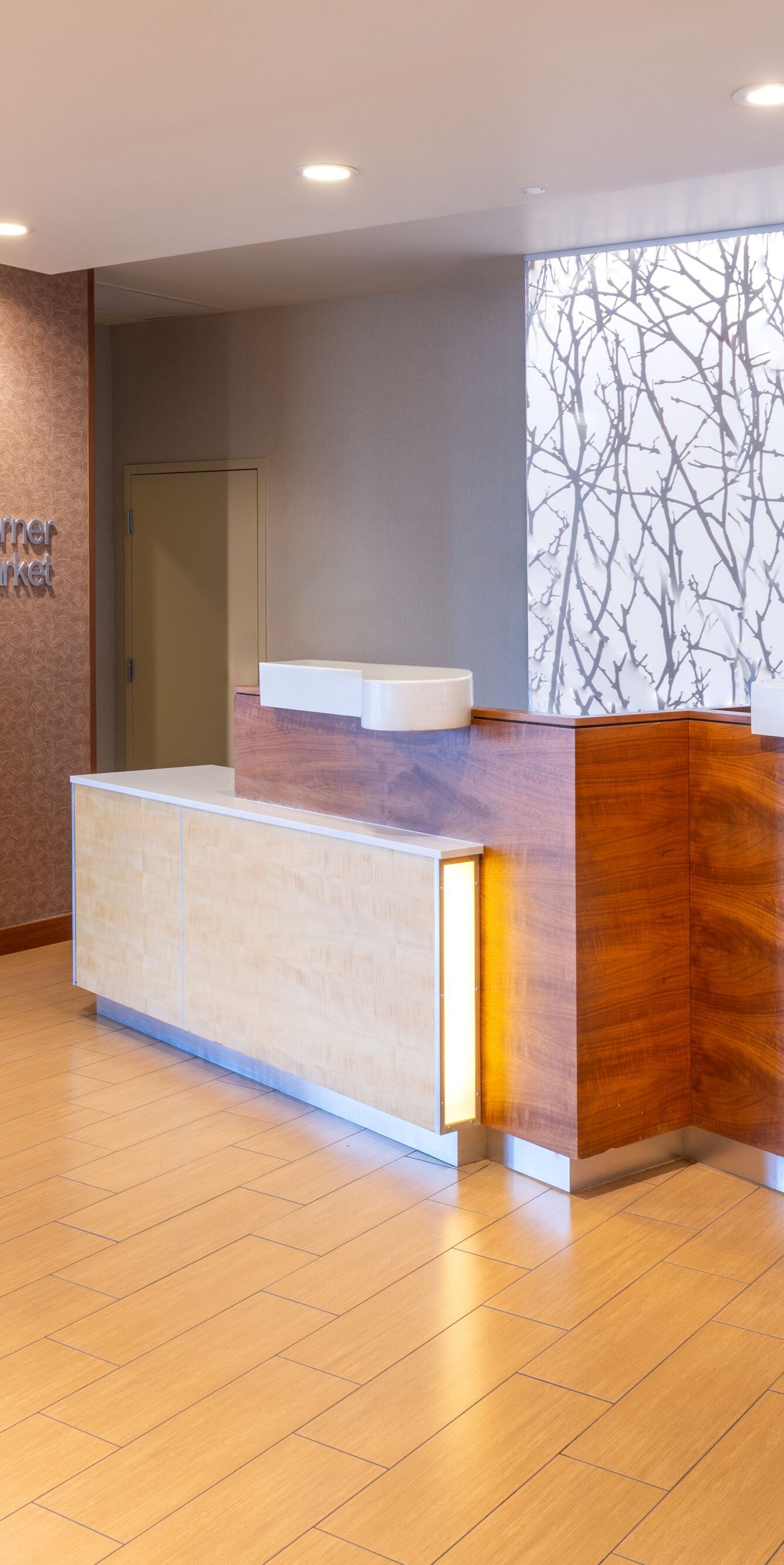 Hotel front desk and lobby market with grab-and-go