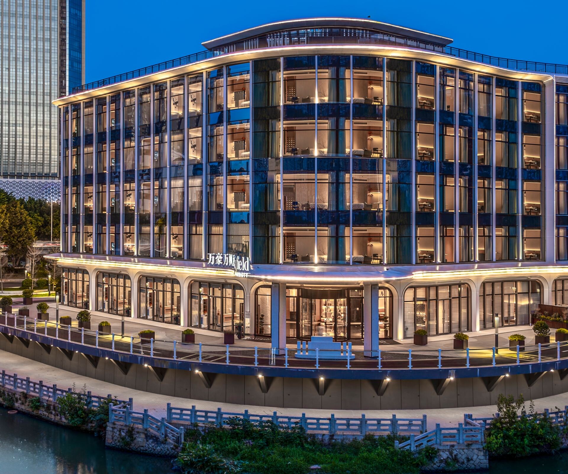 Exterior of hotel, Night