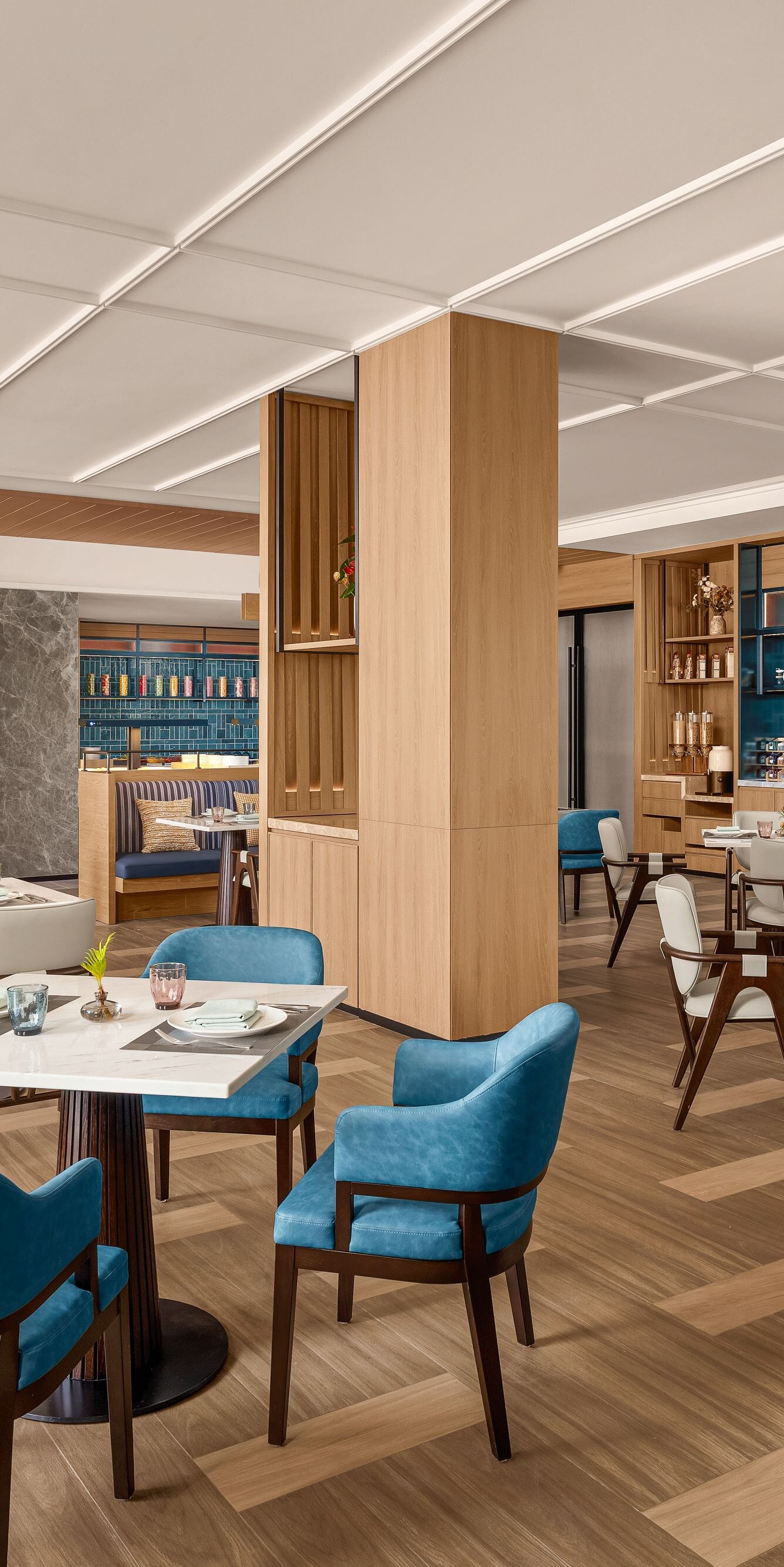 Restaurant dining area with tables and chairs