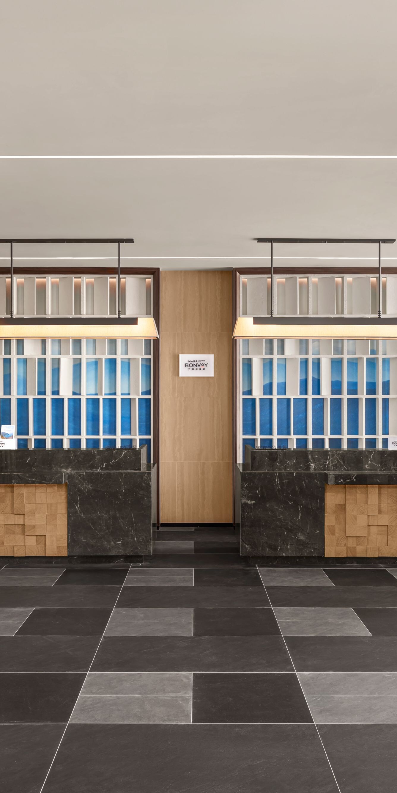 Reception desk with check-in counters