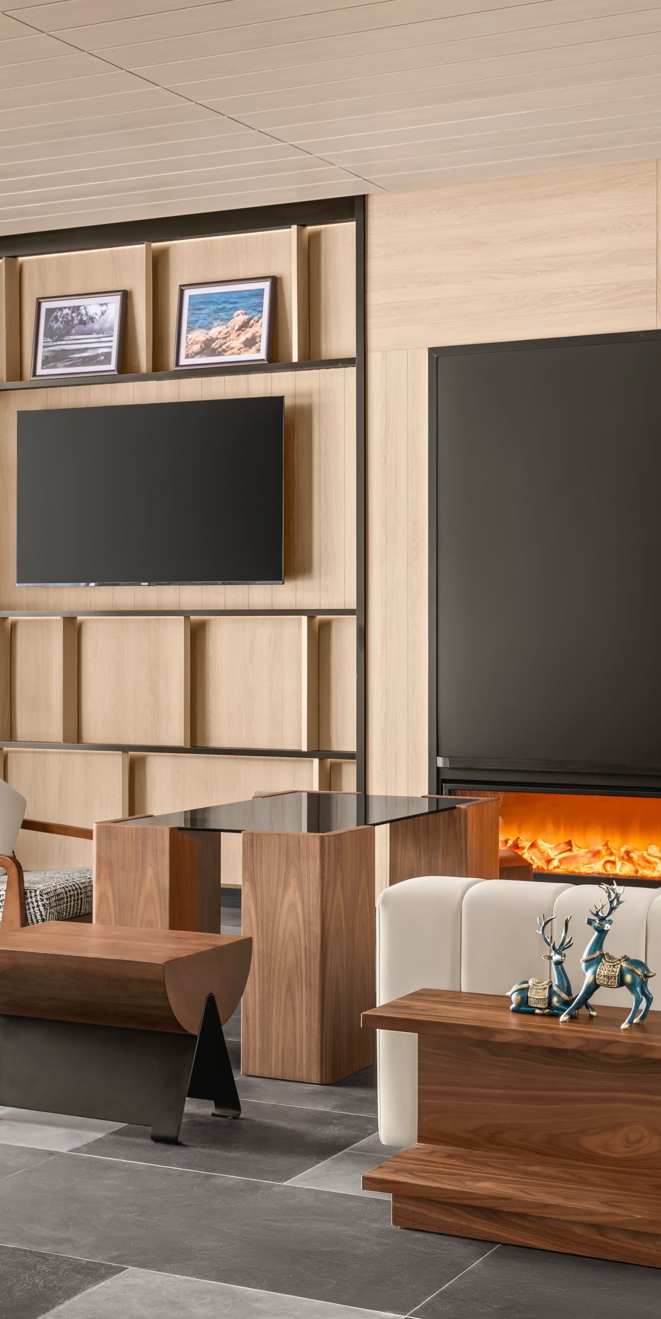 Lobby seating area with fireplace and chairs