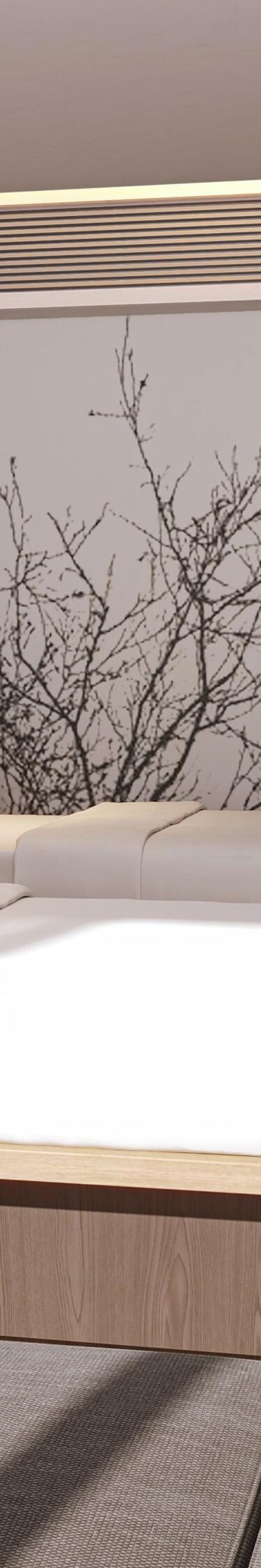 two beds, table, tv, and chaise lounger