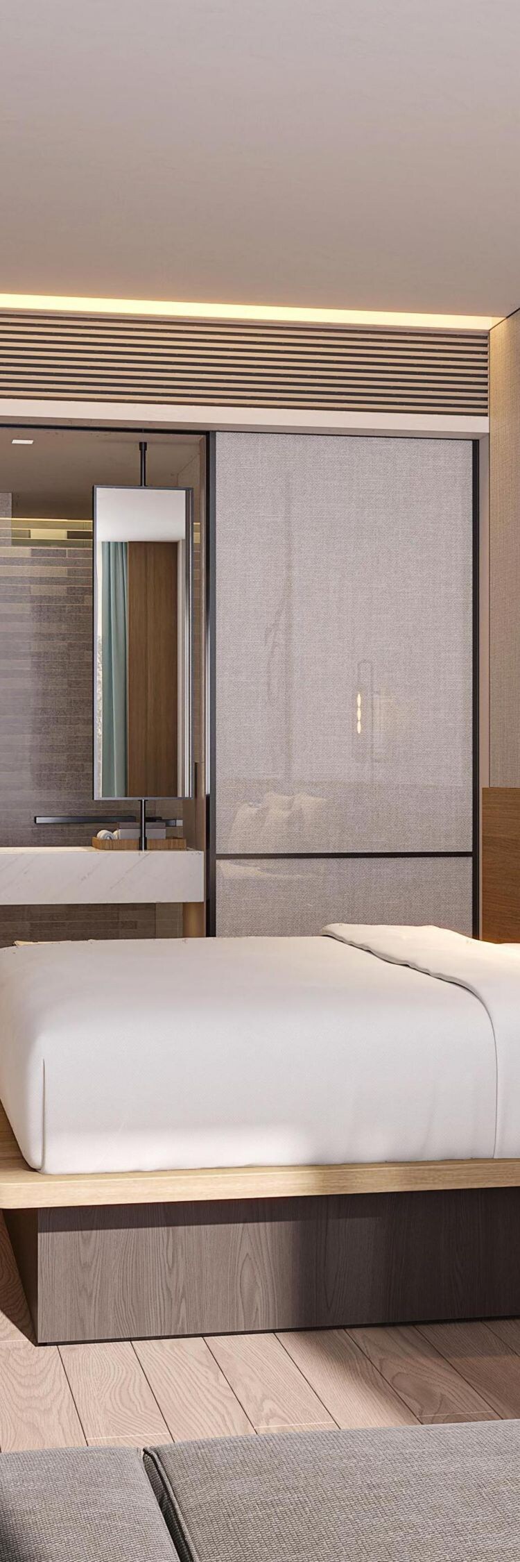 King bed in guest room, tv, small seating area