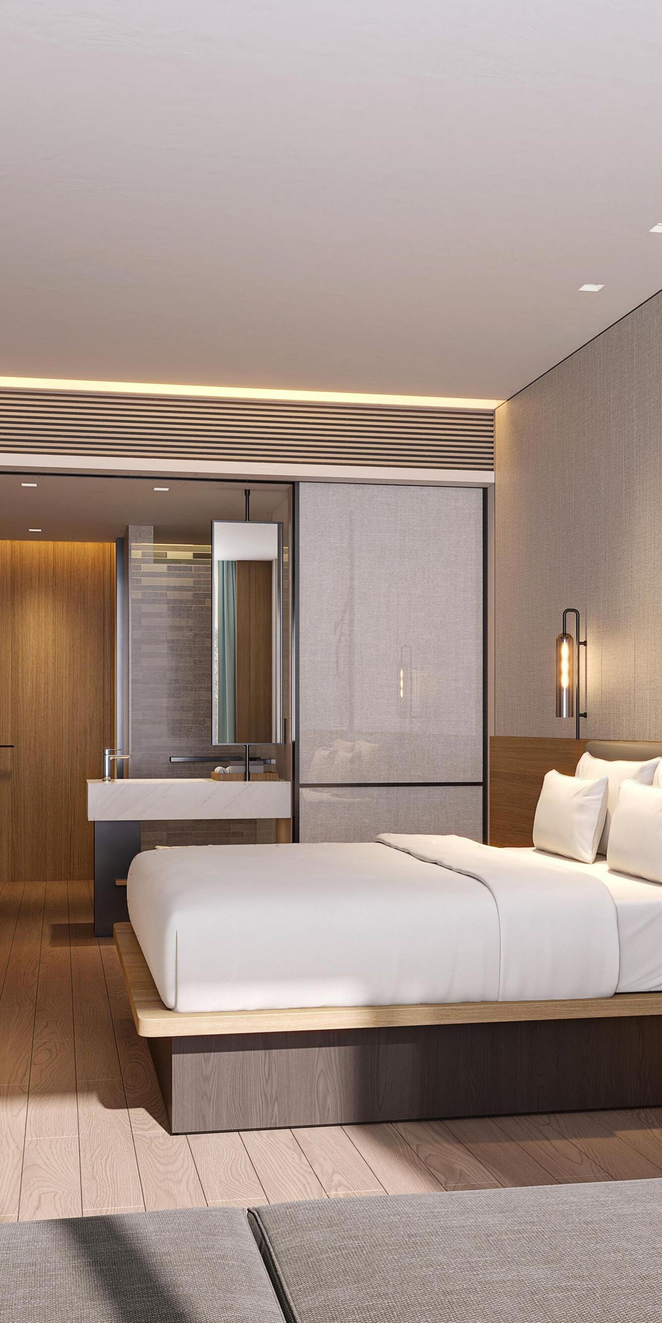 Modern hotel room with bed and wood design