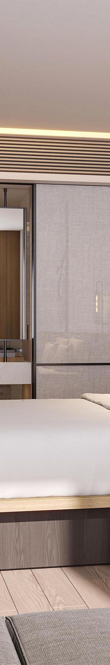Modern hotel room with bed and wood design