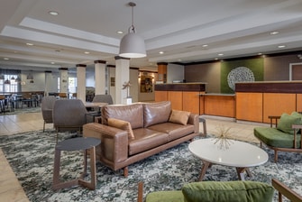 Renovated hotel lobby with seating area