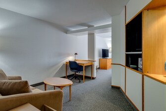 Suites come with living areas and work desks