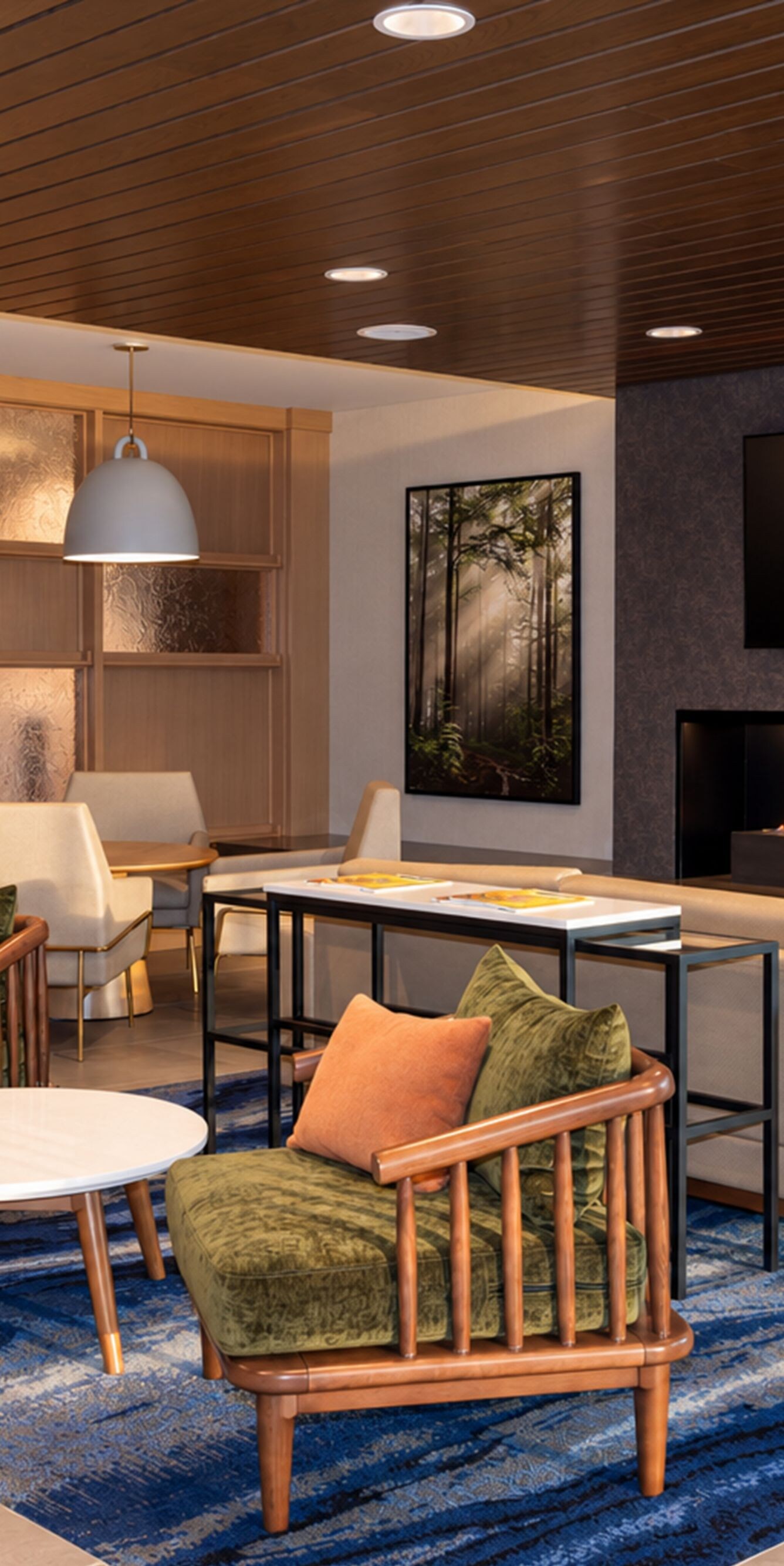 Lobby lounge with fireplace and seating