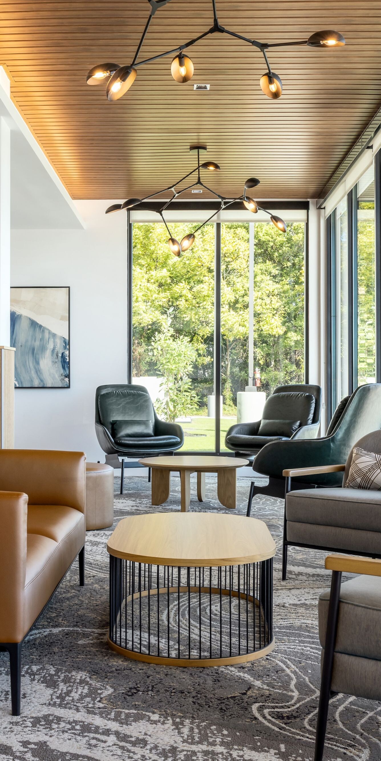Hotel lobby seating area with armchairs