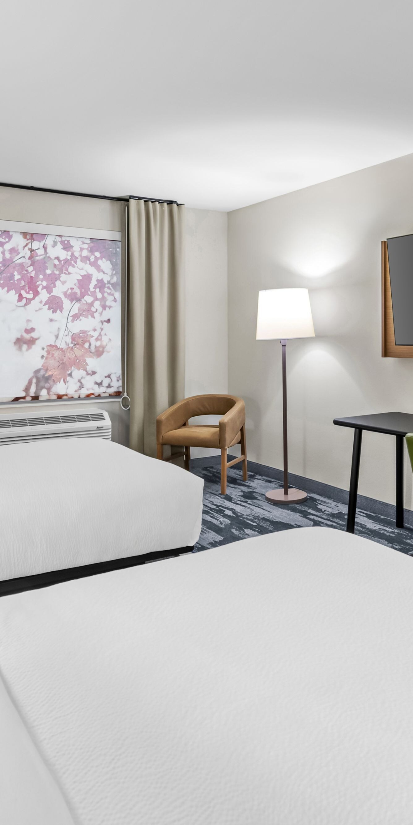 two beds, work des, tv, armchair, lamps