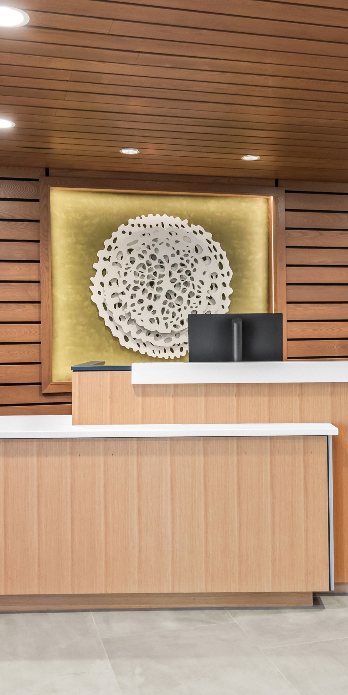 front desk with wood accents