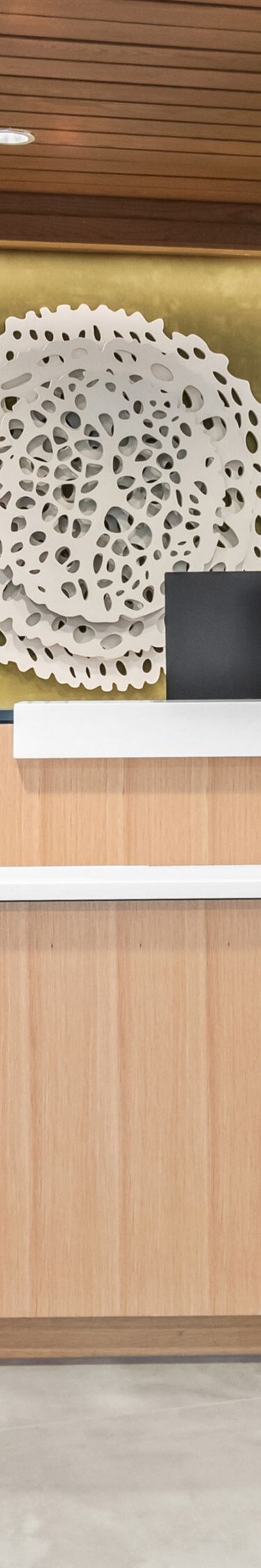 front desk with wood accents