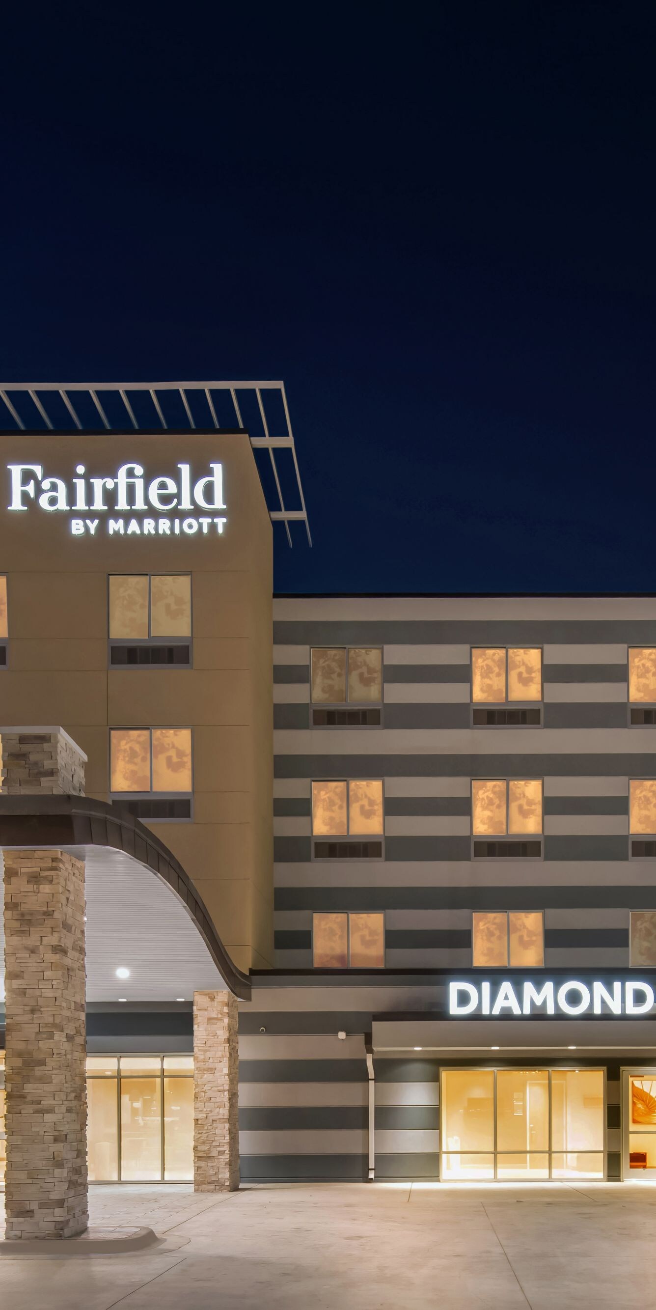 Exterior shot of hotel at night