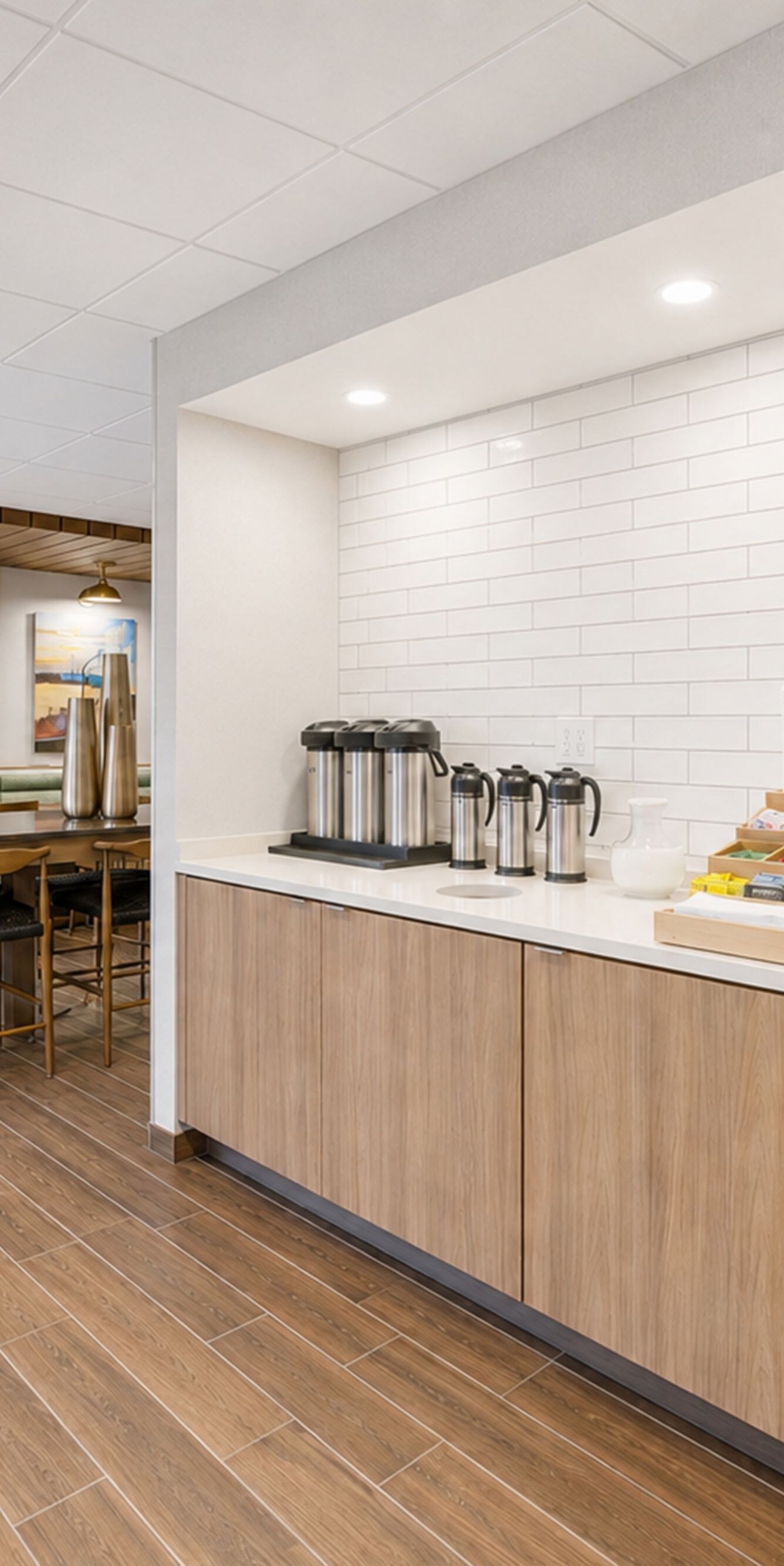 Coffee station and breakfast seating