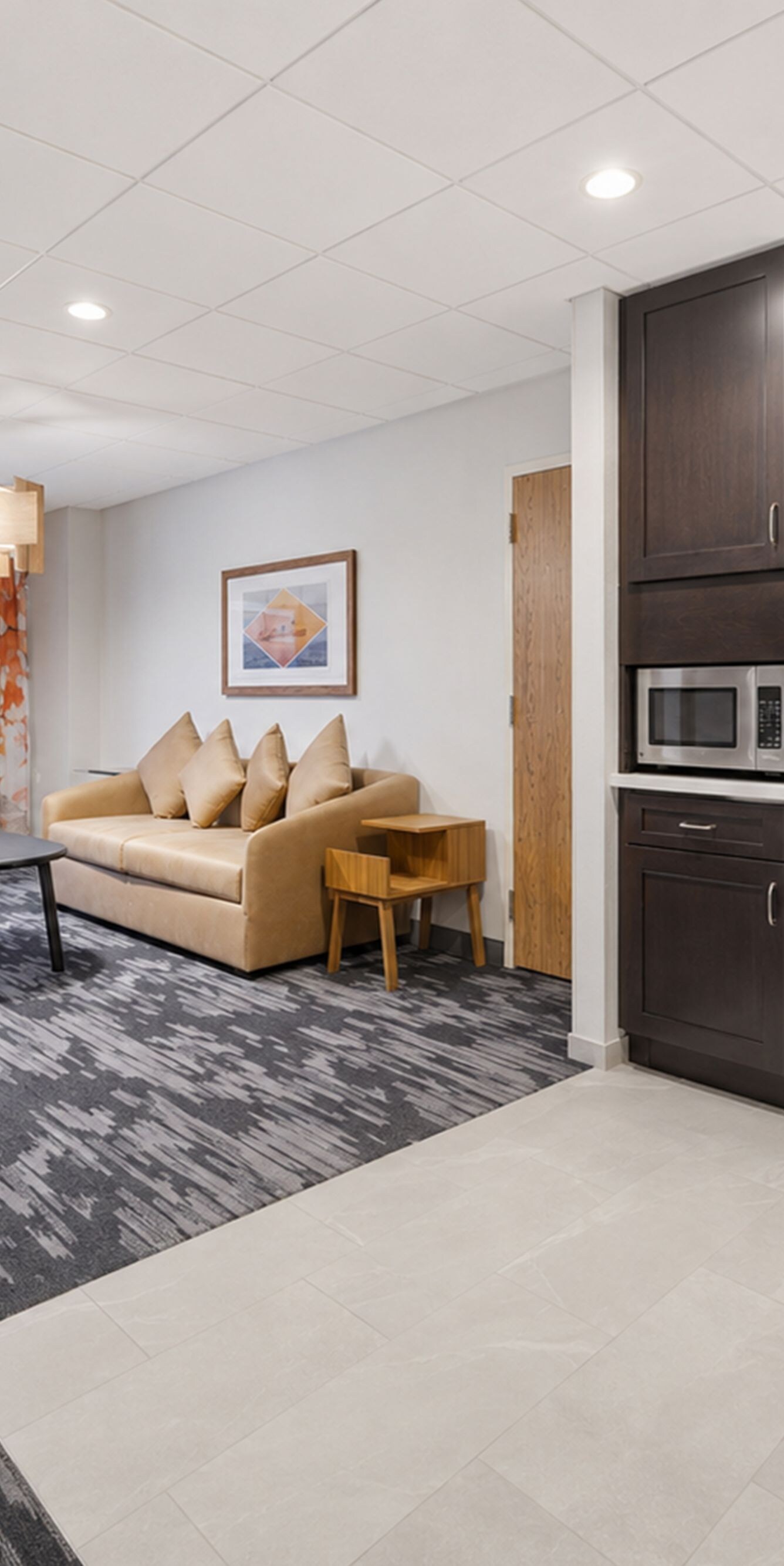 Suite kitchen and living area with sofa