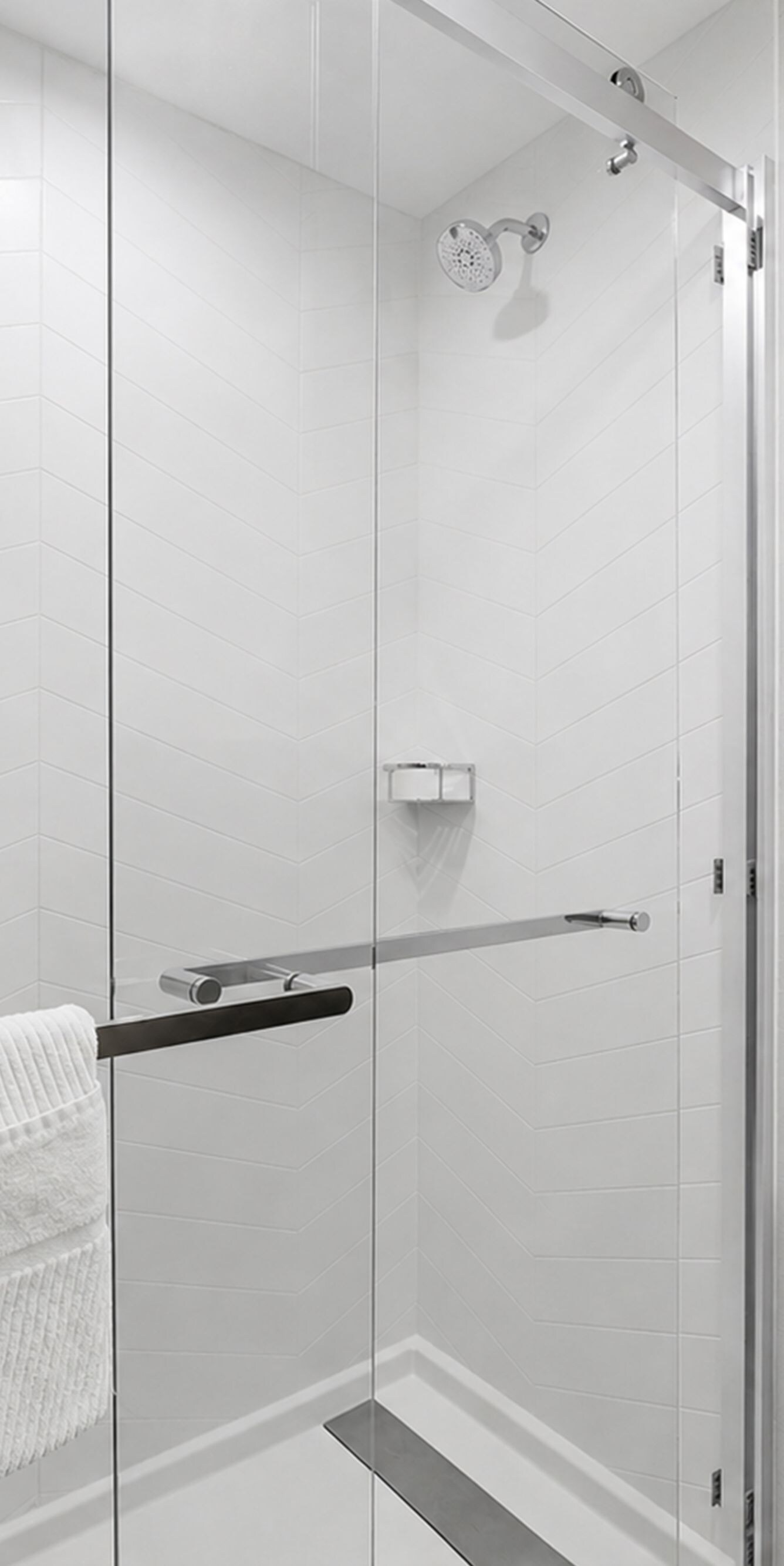 Glass-enclosed, walk-in shower