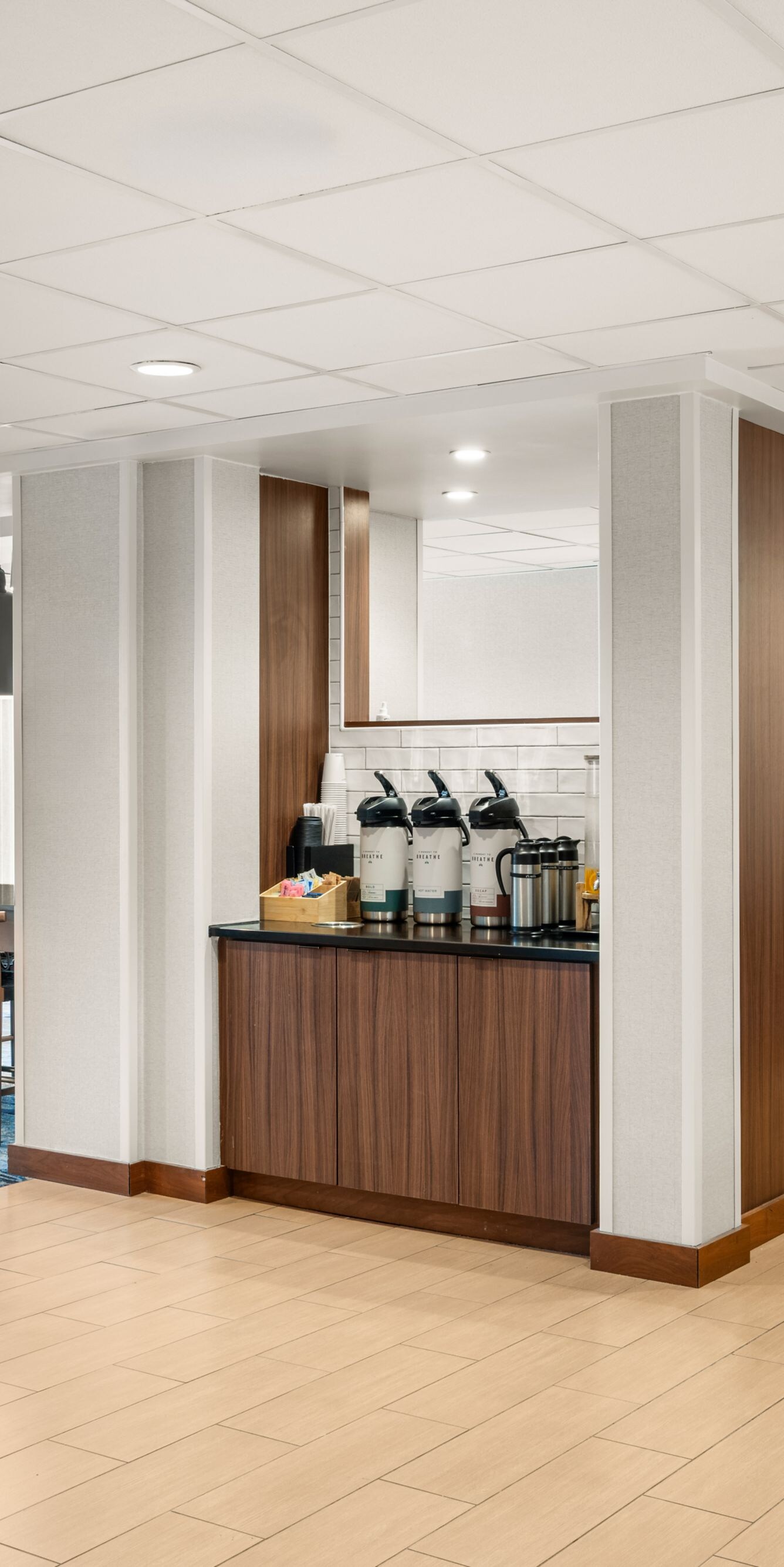 Breakfast area with seating and buffet counters