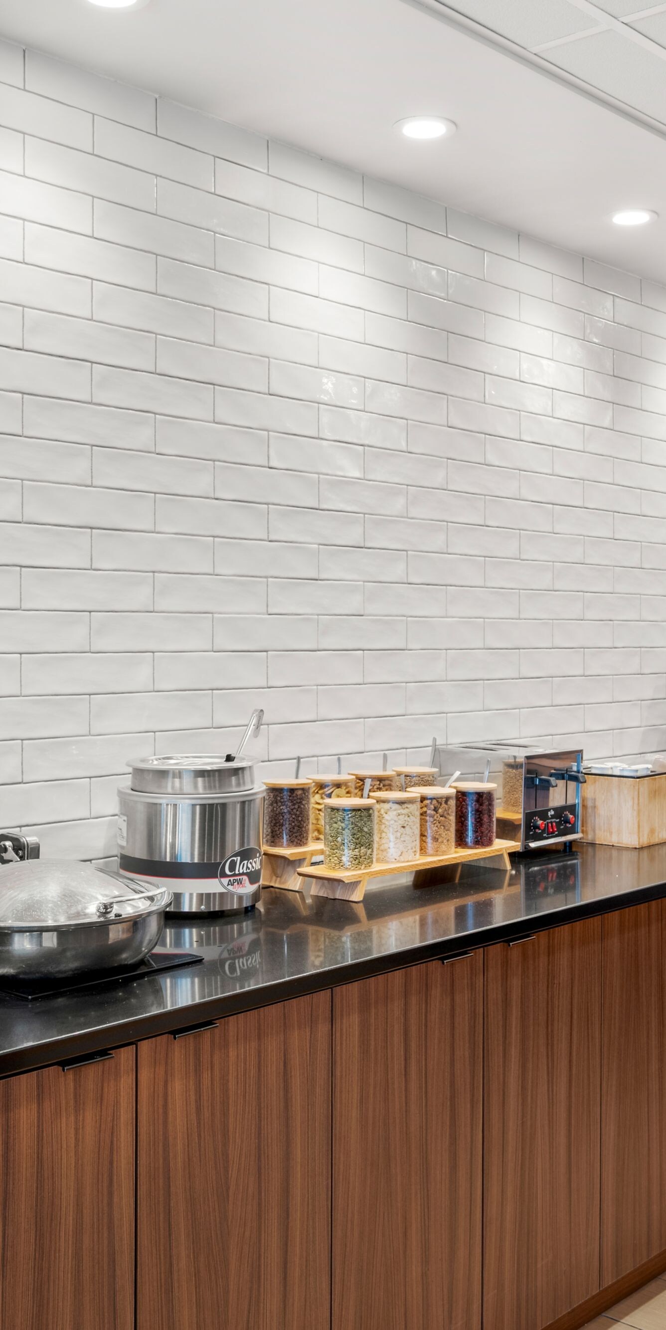 Hot breakfast buffet with fruit and cereal station