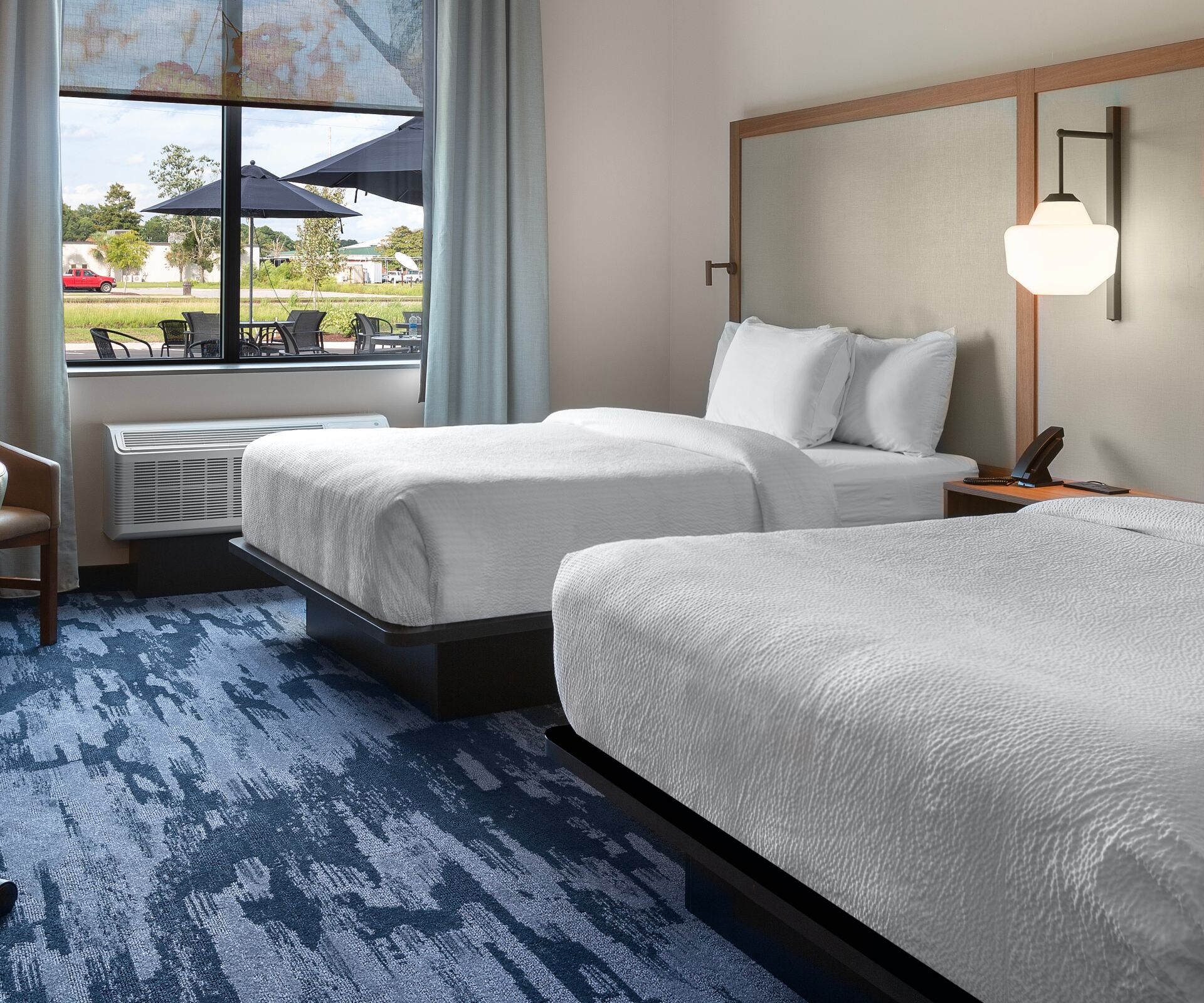 Two queen beds and in room desk 