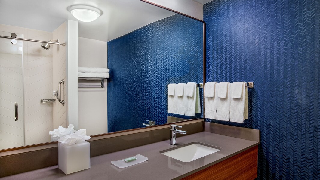 A sink, a blue wall, and shower in the background