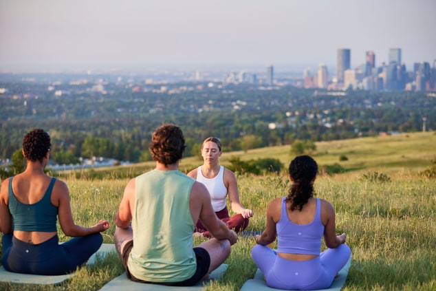 Group of people doing yoga on a grassy hill