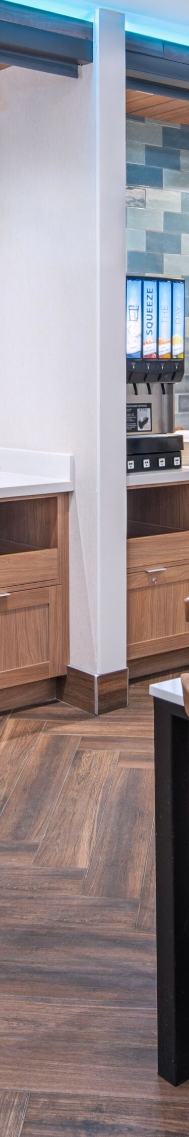 Breakfast buffet area with dining tables