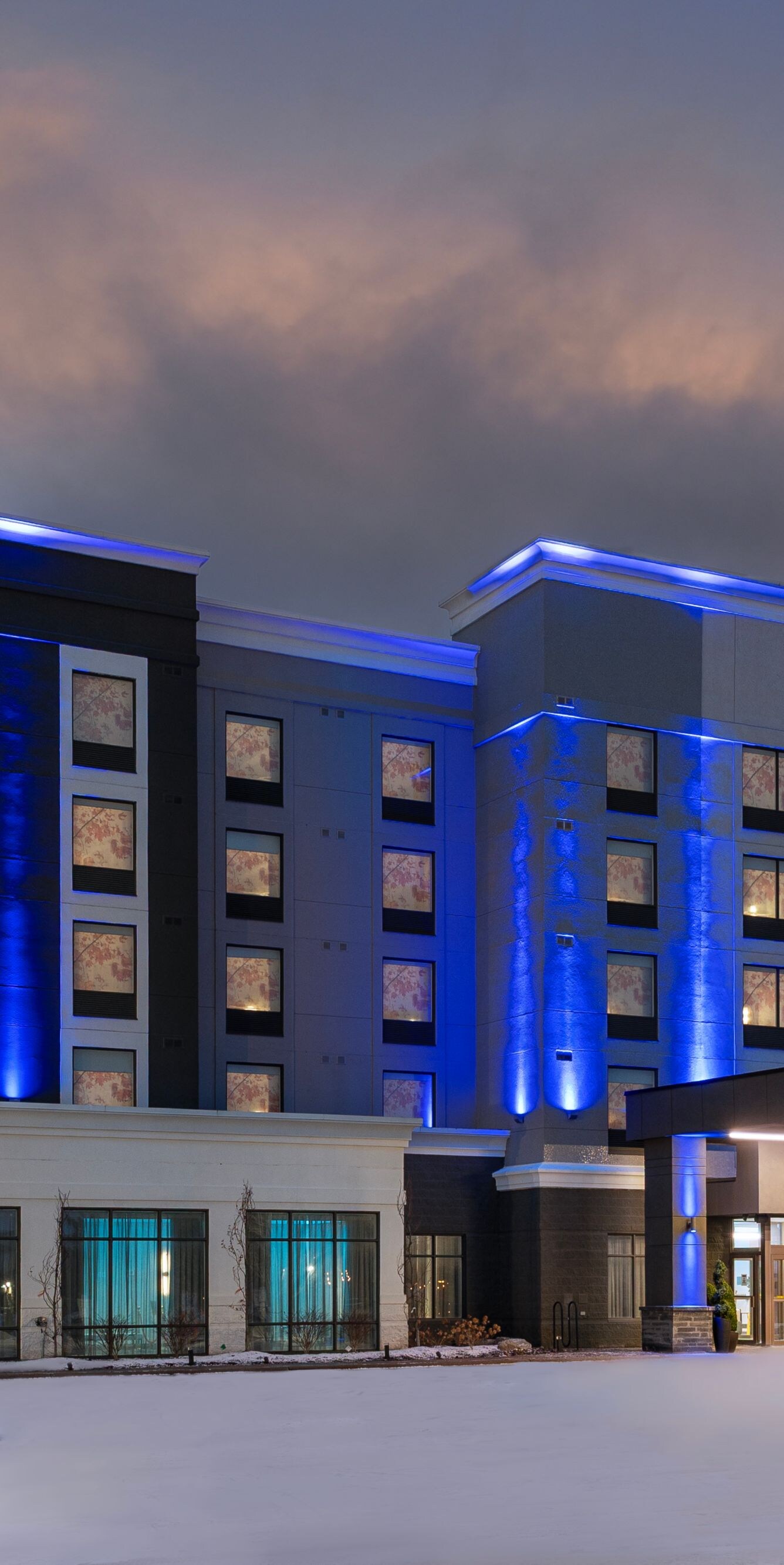 Fairfield exterior with blue lighting