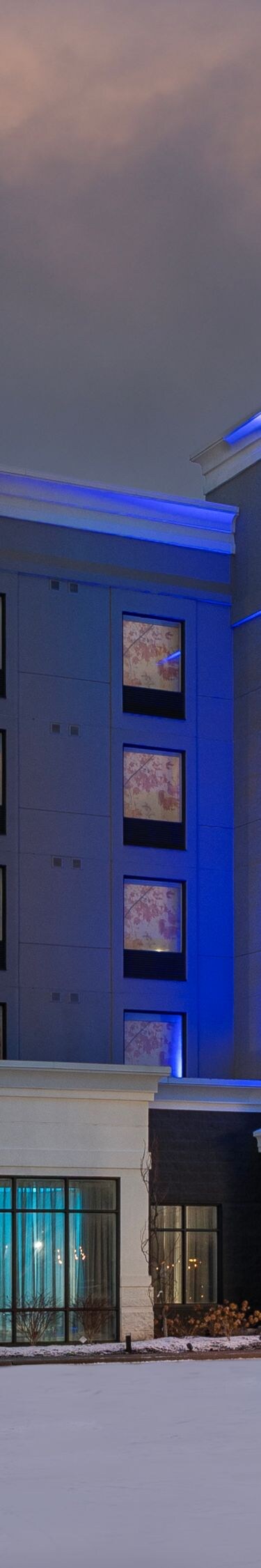 Fairfield exterior with blue lighting