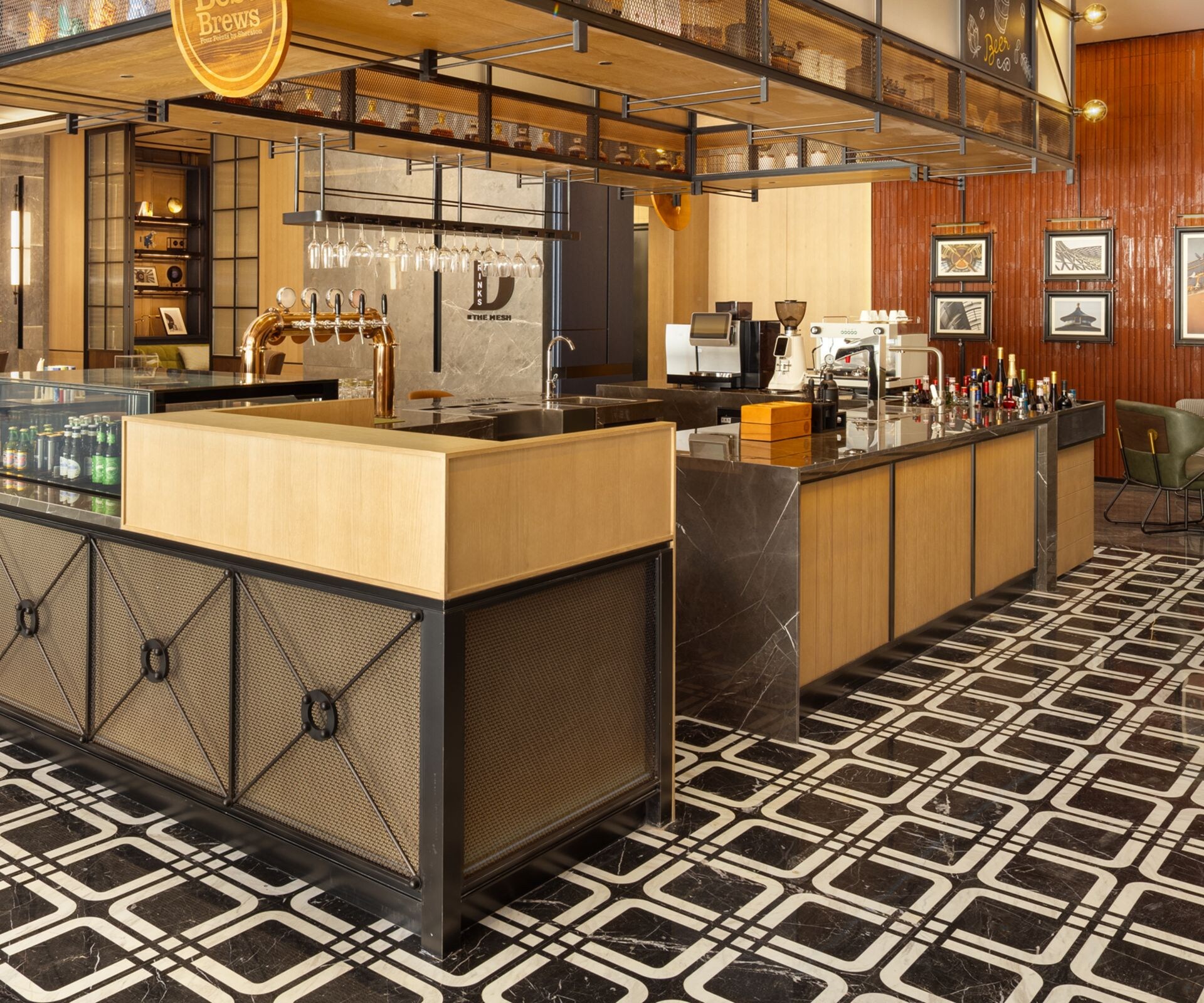 Hotel lounge bar with seating and beverage station