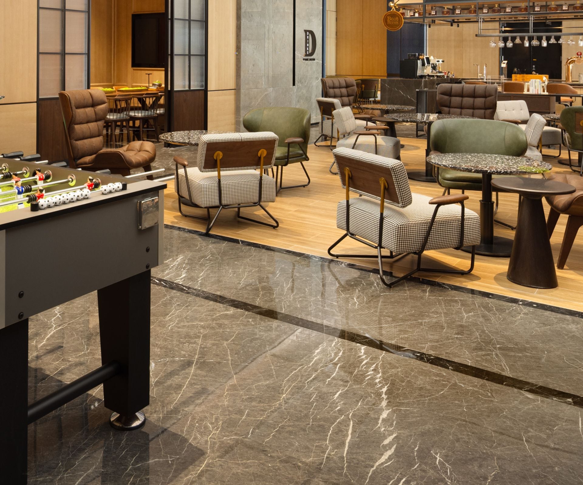 Lounge with foosball table and café seating