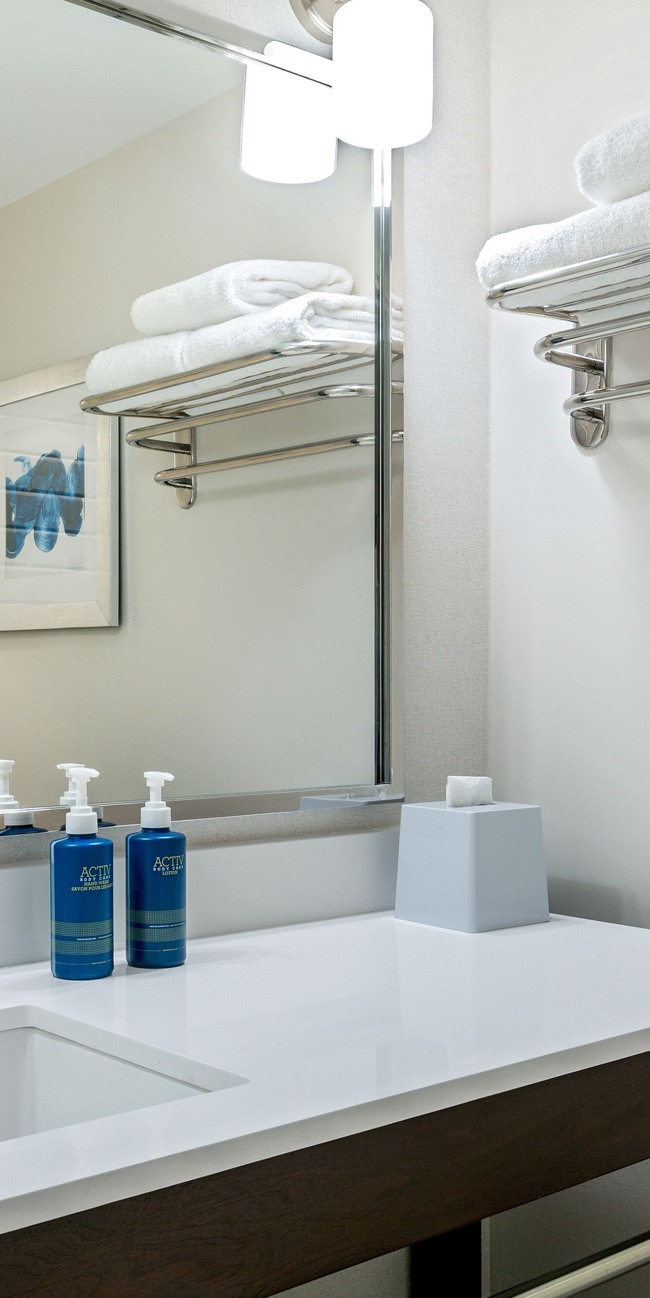 Guestroom bathroom with vanity and mirror 