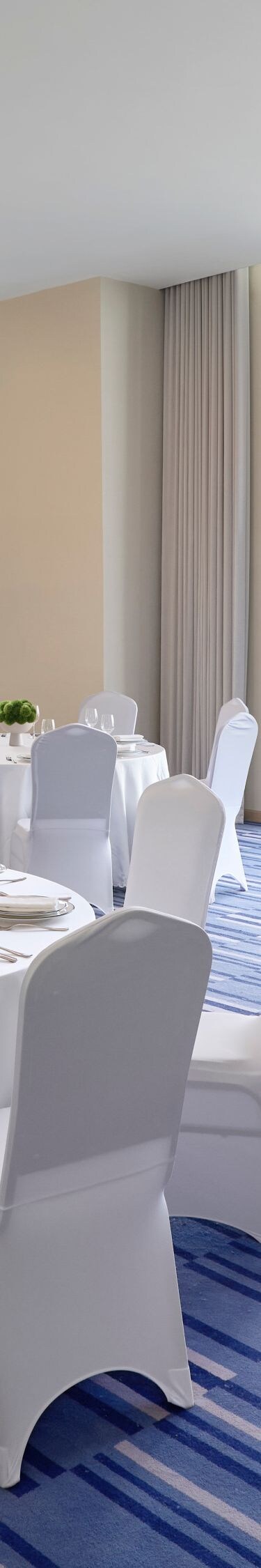 Ballroom with banquet setup and city view