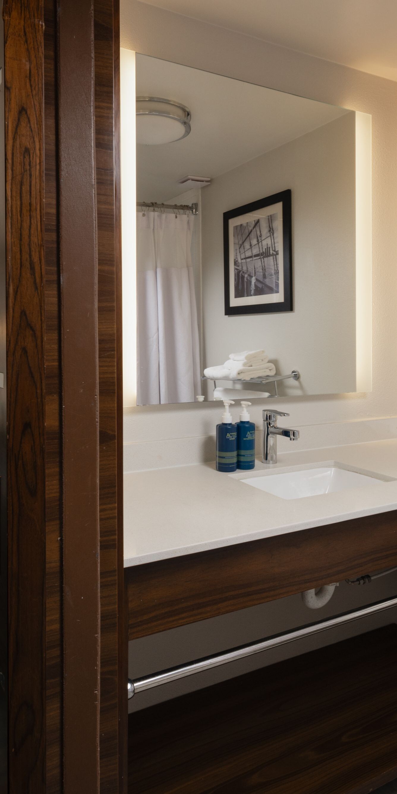 Guest room entryway with bath vanity view