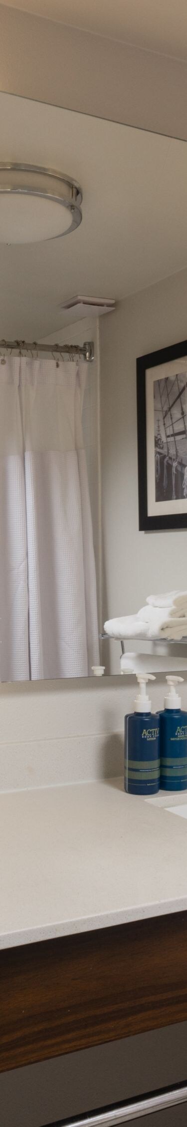 Guest room entryway with bath vanity view